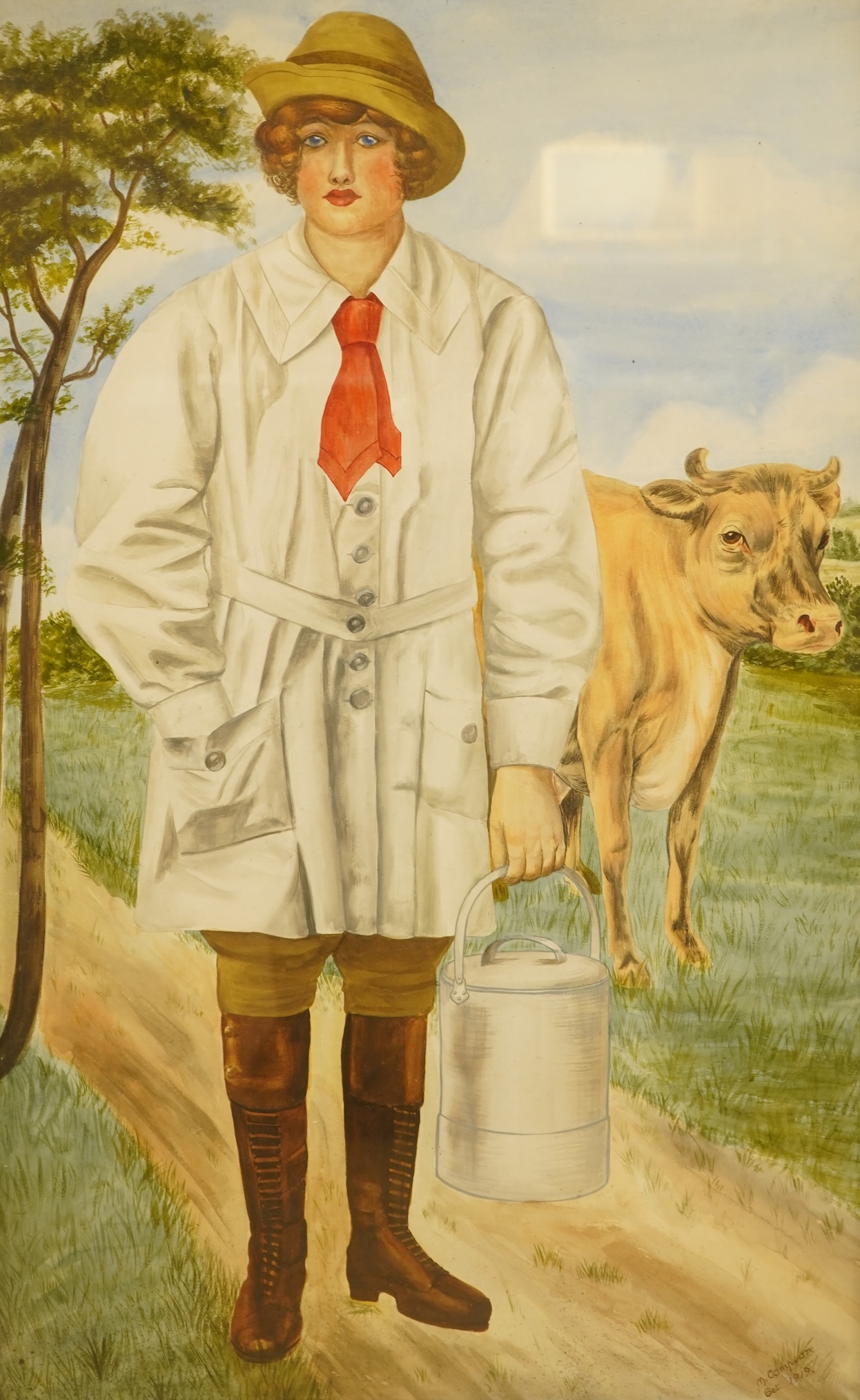M. Compson, Studies of dairymaids before cattle, each signed and dated Jan 1919 and Oct 1919, pair of watercolours, 74 x 45cm